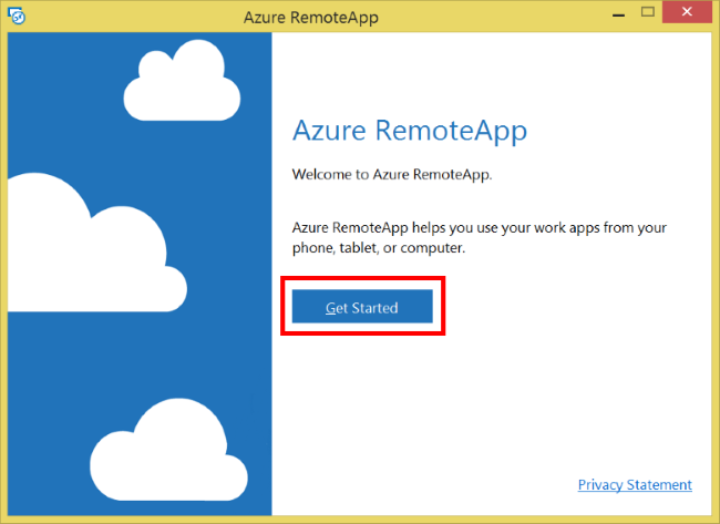 Welcome page of the Azure RemoteApp client
